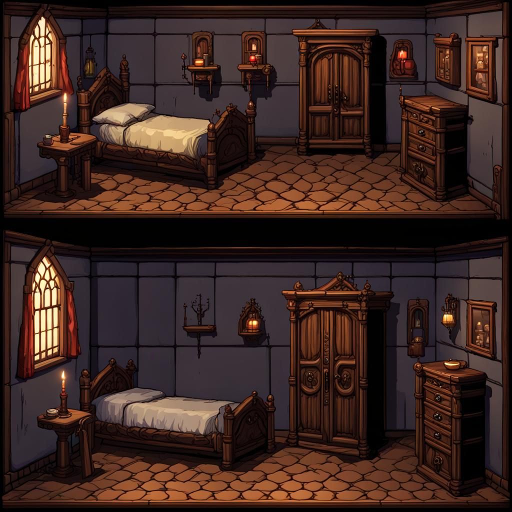 Gothic 2D Sprite Tileset of a Servant's Bedroom