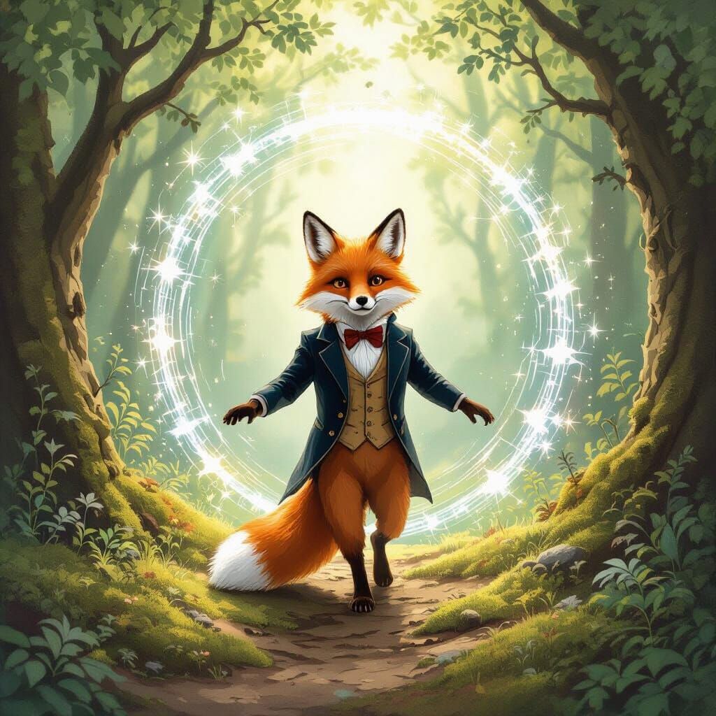 Fox Stepping Through Portal in Storybook Style