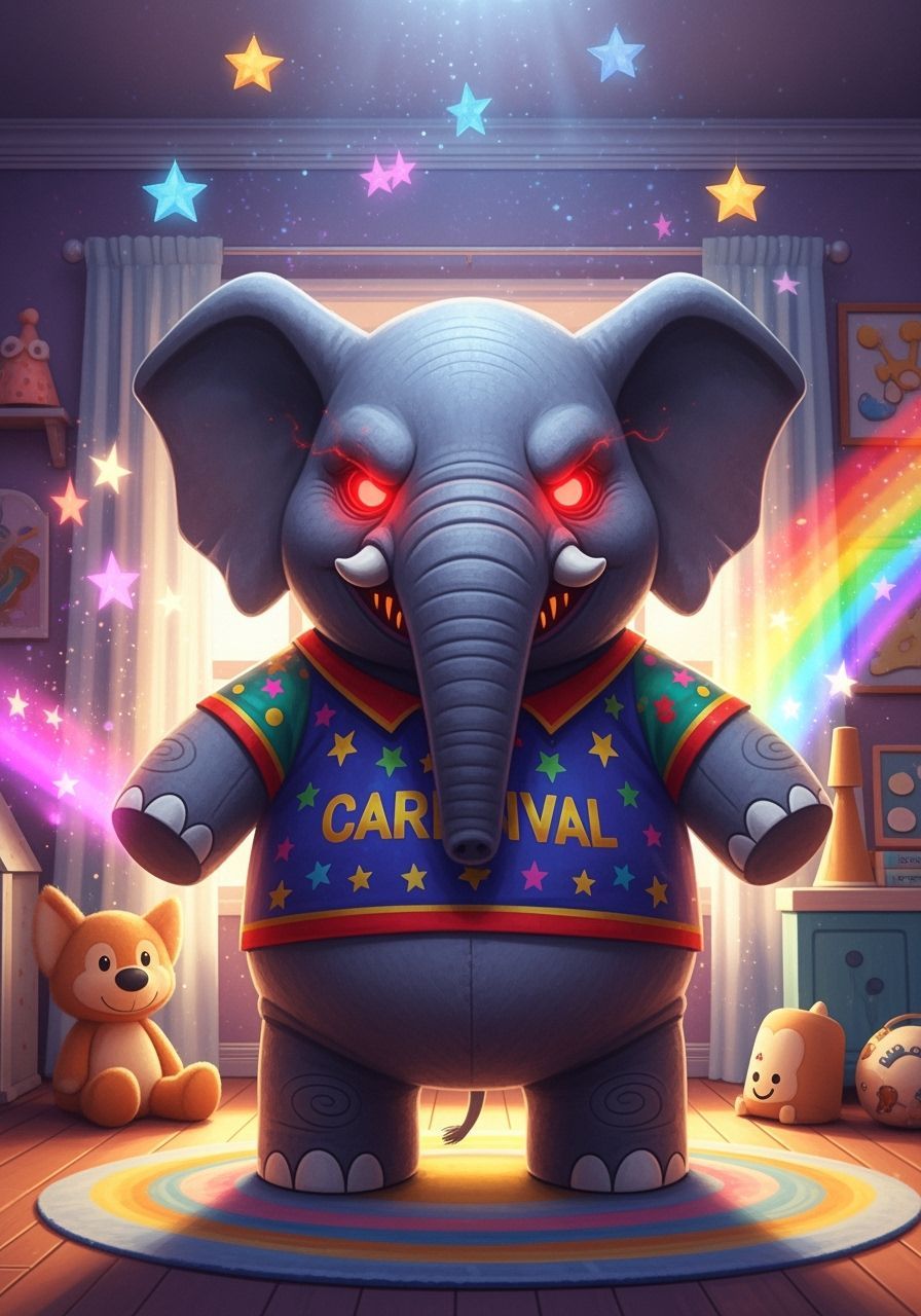 Cuddly Plush Elephant with Mischievous Smile in Magical Room