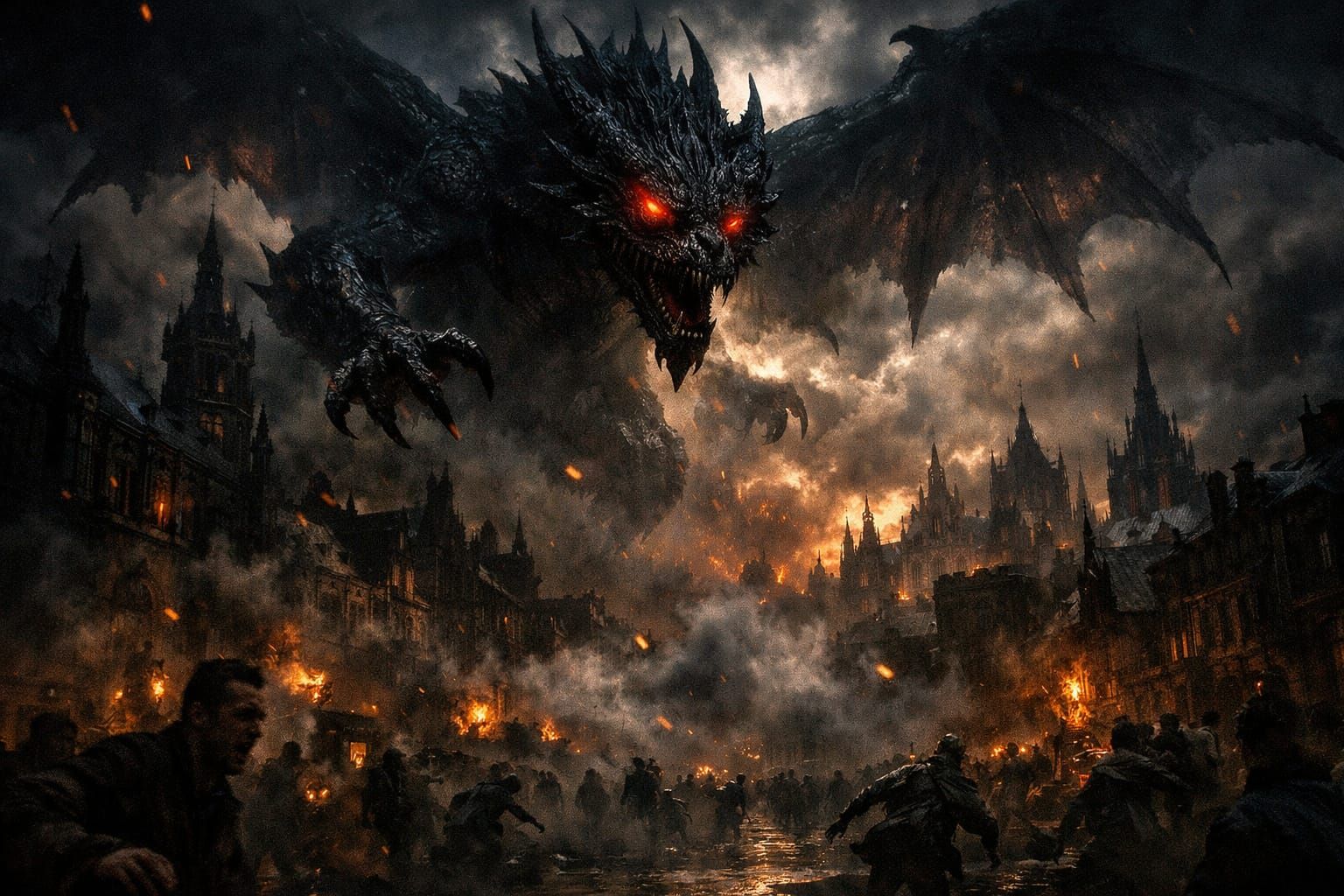 Obsidian Dragon Over Gothic Cityscape in Cinematic Style