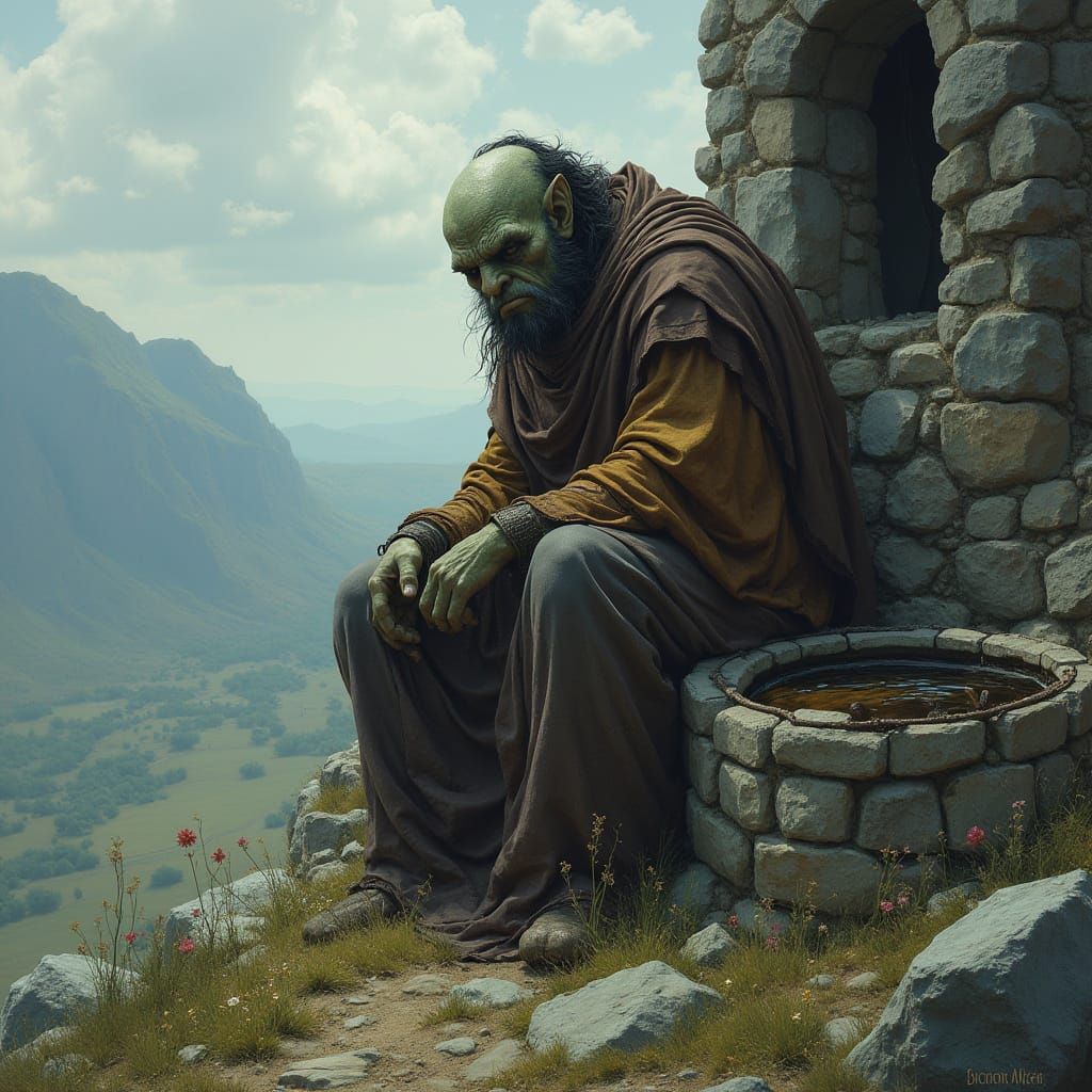Hyper-Realistic Ogre Laments Life on Rocky Hillside