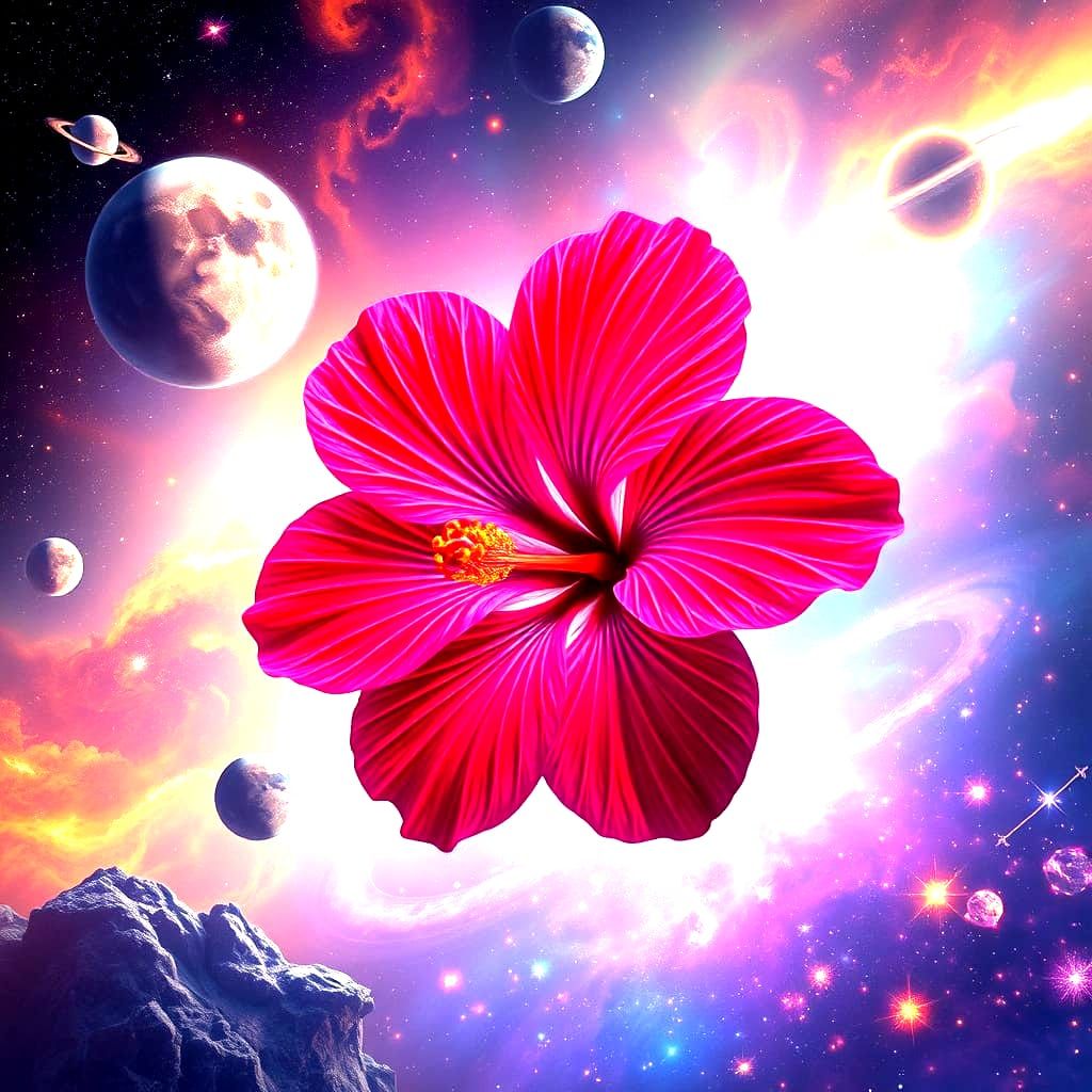 Cosmic Hibiscus Blooms in Vibrant Nebulaic Paradise