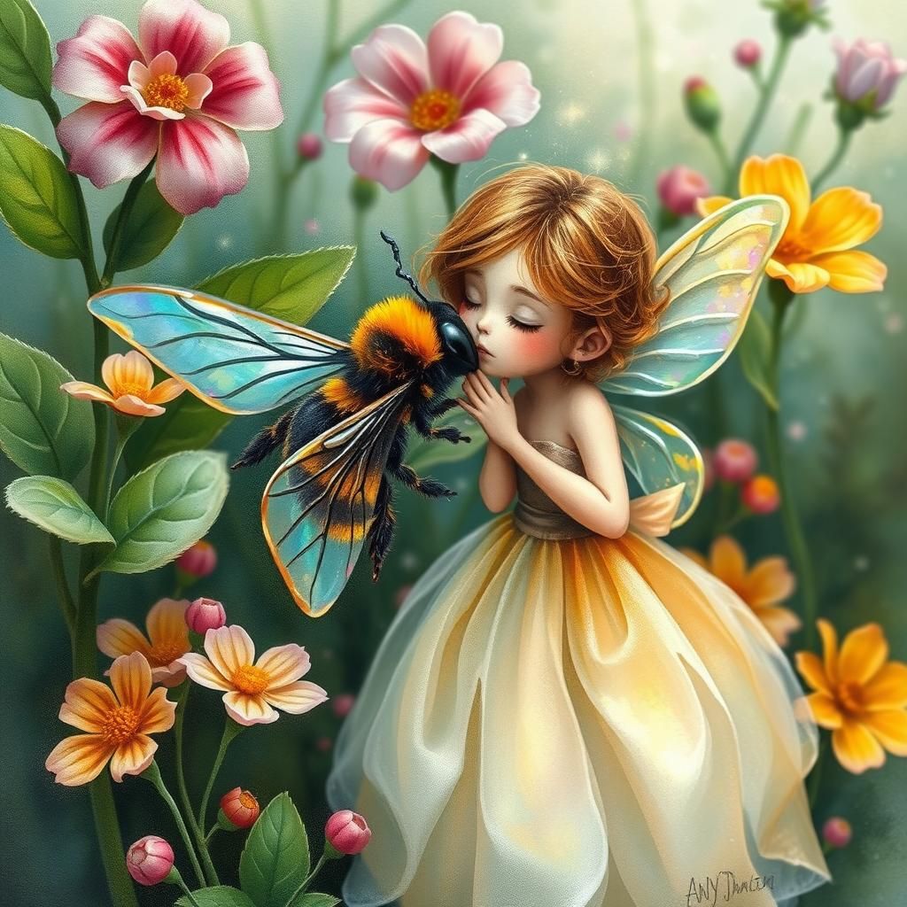Fairy Kisses Bumblebee in Dreamlike Watercolor Garden