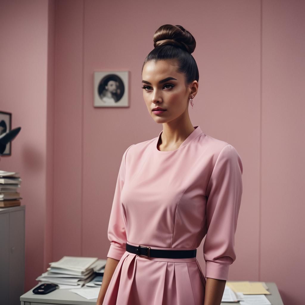 Fashion Model in Pink Dress: Cinematic Office Scene