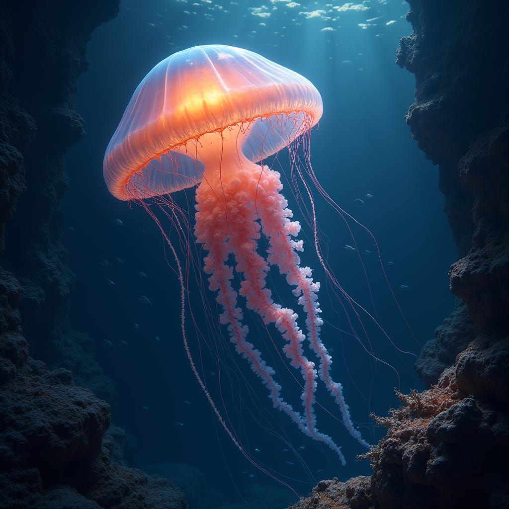 Bioluminescent Jellyfish Drifting Through Dark Depths