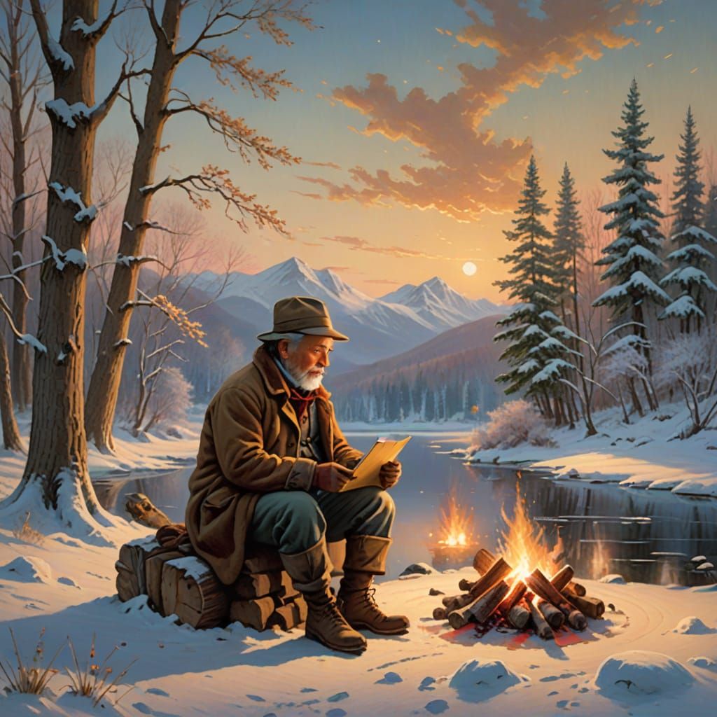 Cozy Winter Campfire Scene in Soft Impressionist Style