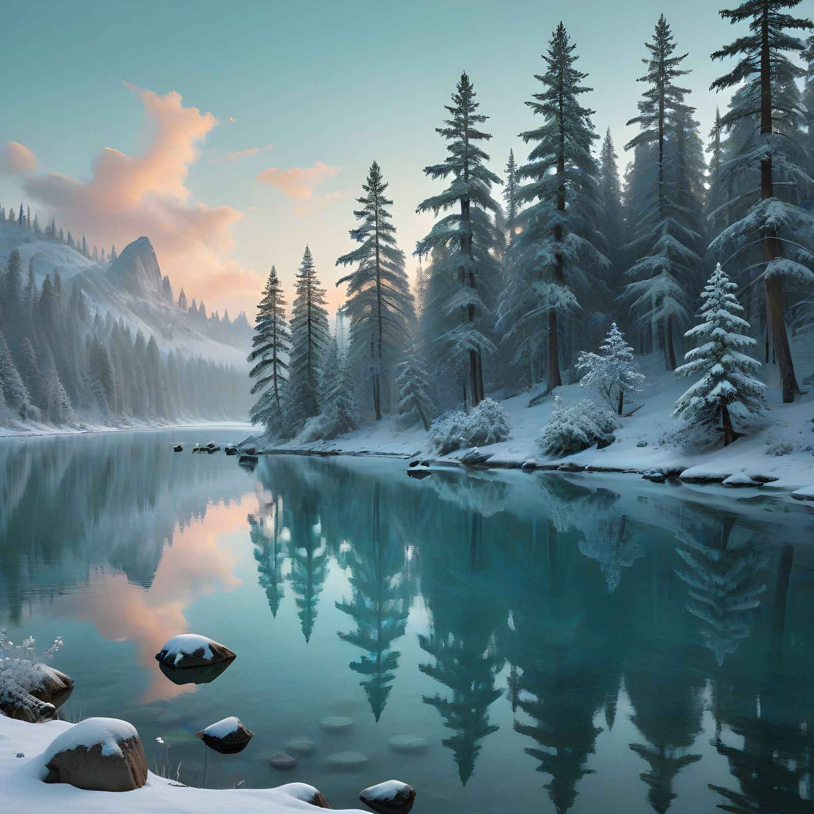 Winter Wonderland of Crystal Trees and Turquoise Lake