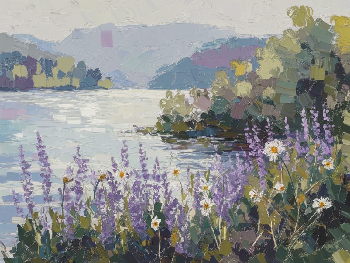 Serene Lakeside Scene in Impressionistic Style