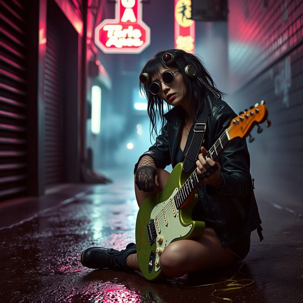 Cyborg Woman in Neon Alleyway, Cyberpunk Style