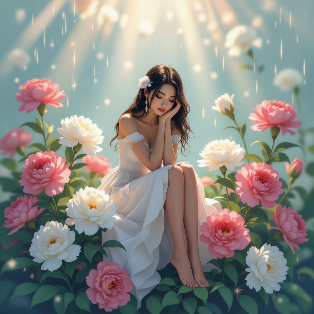 Dreamlike Being Among Flowers in Mother-of-Pearl Palette