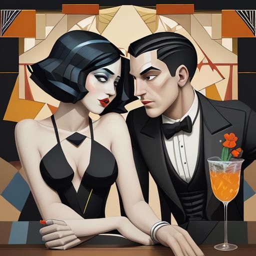 1920s Couple in Art Deco Cubist Speakeasy