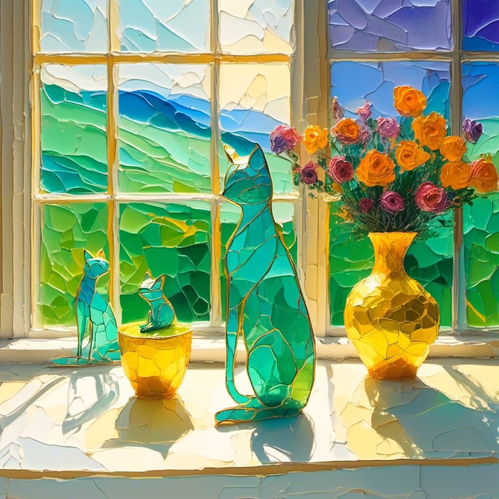 Colorful 3D Glass Cat Sculpture on Window Sill