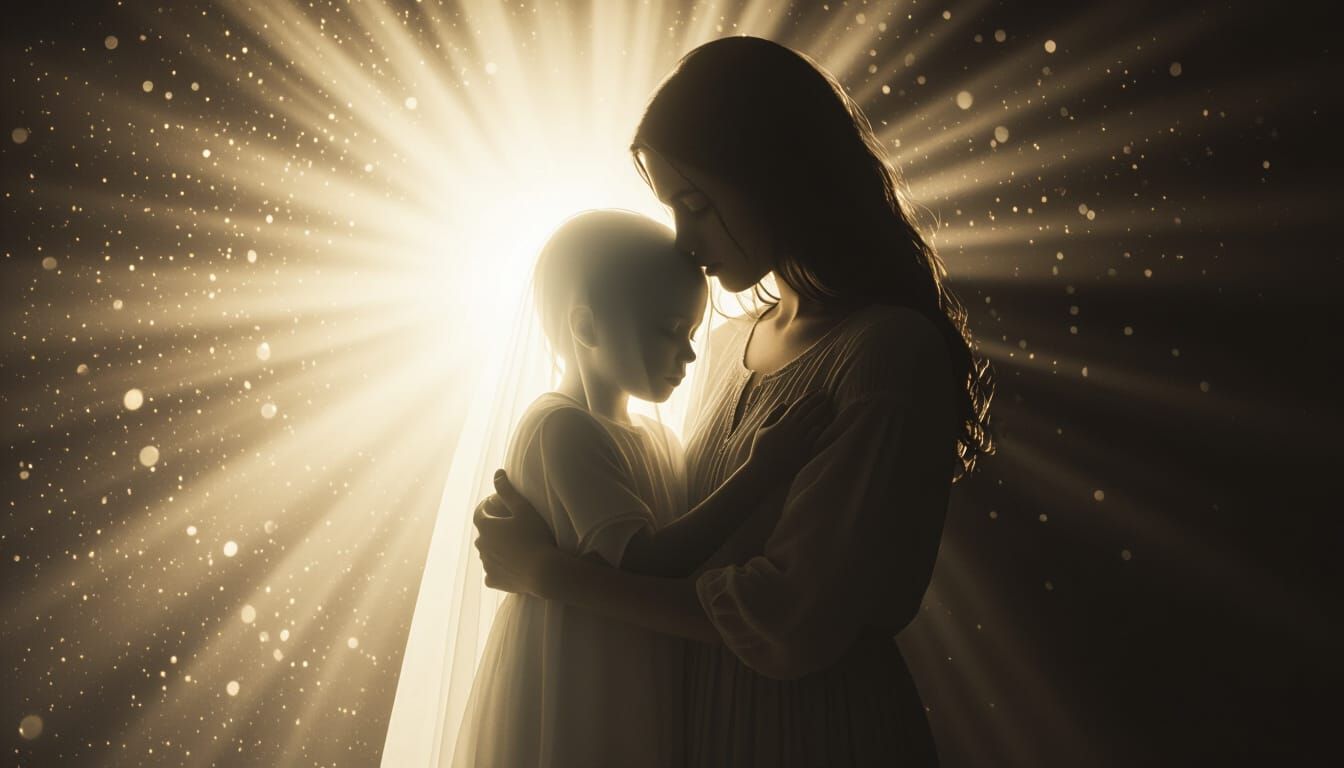 Woman and Ghost Child Embrace in Darkness
