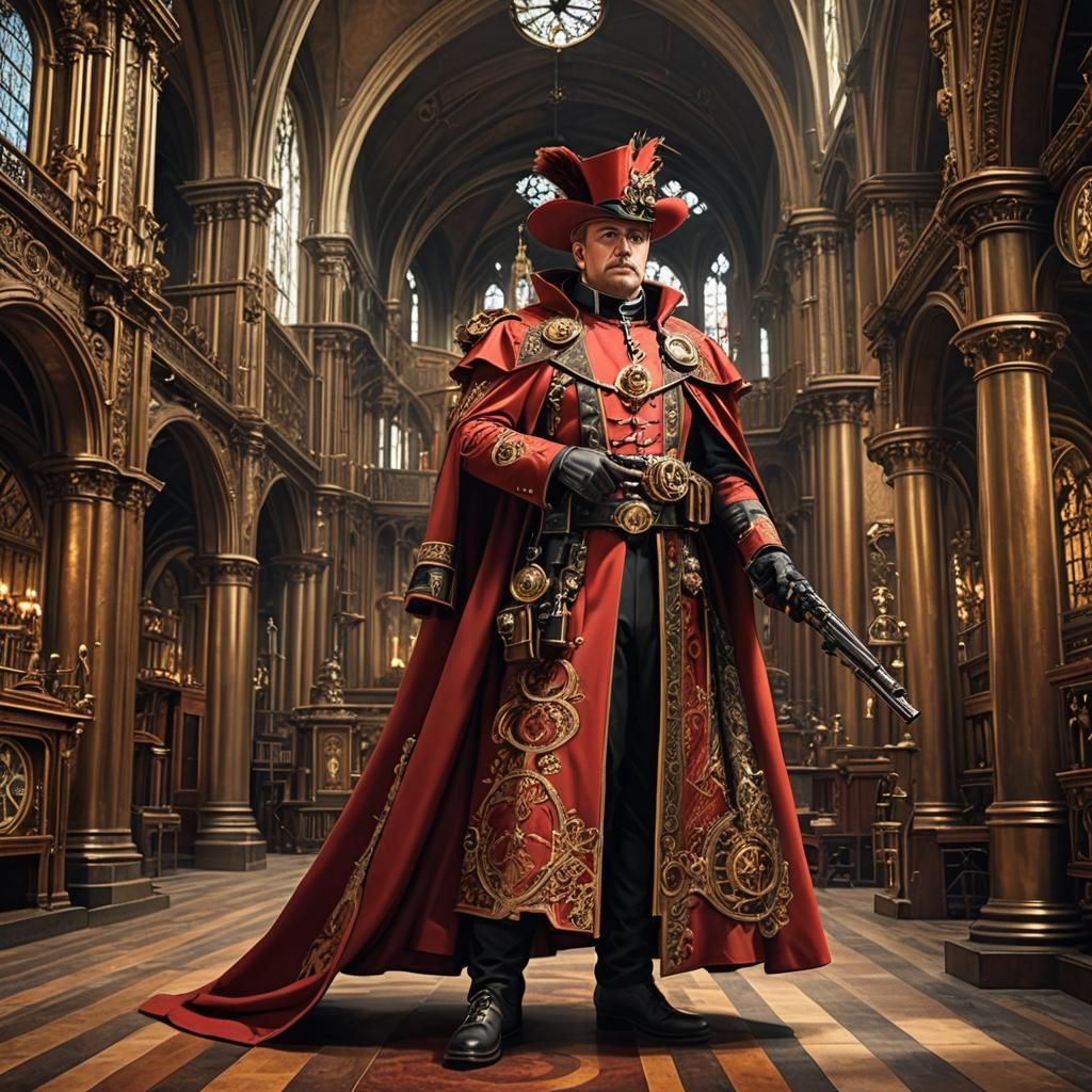 Steampunk Cardinal with Rifle in Cathedral
