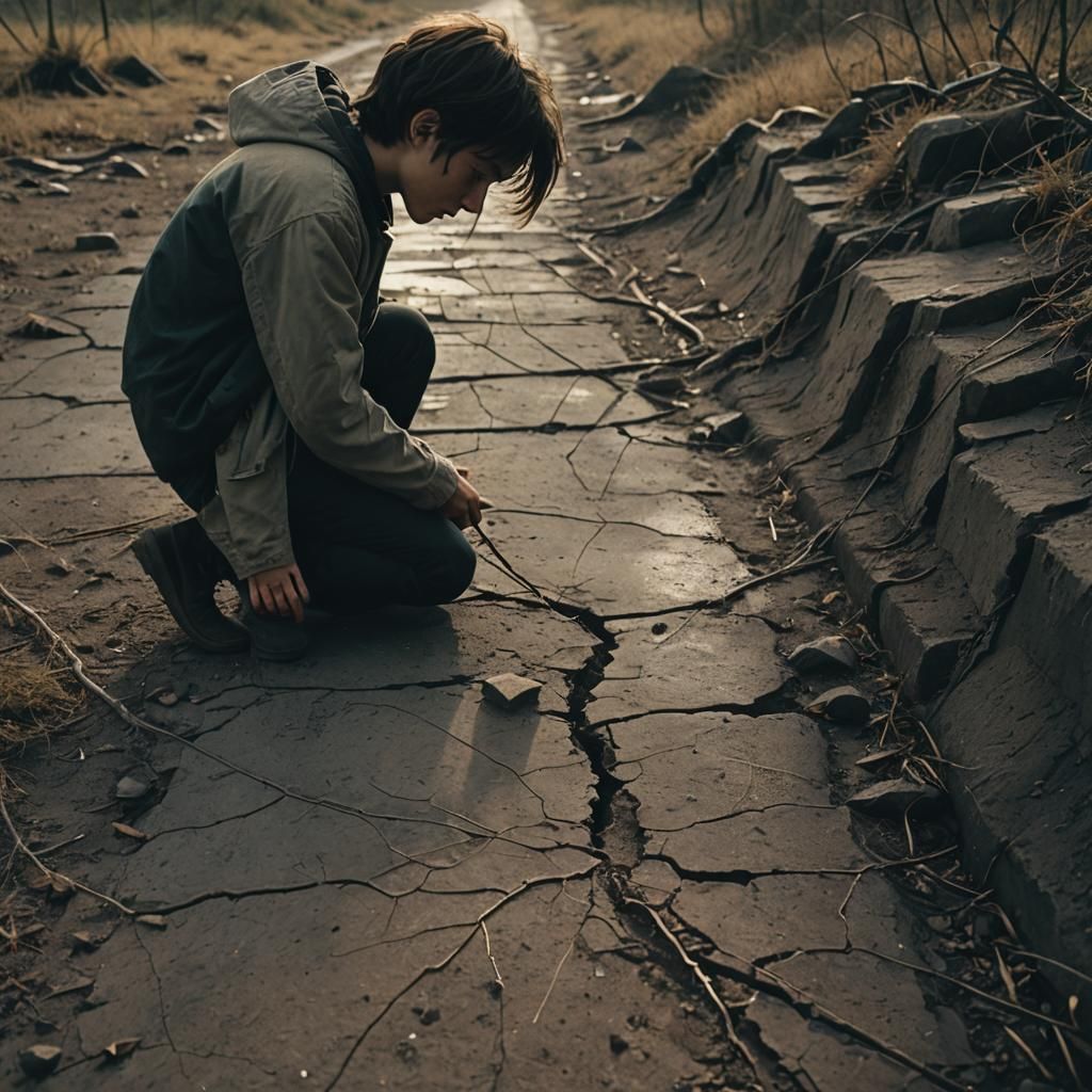 Ominous Cinematic Still of Figure Gazing at Crack