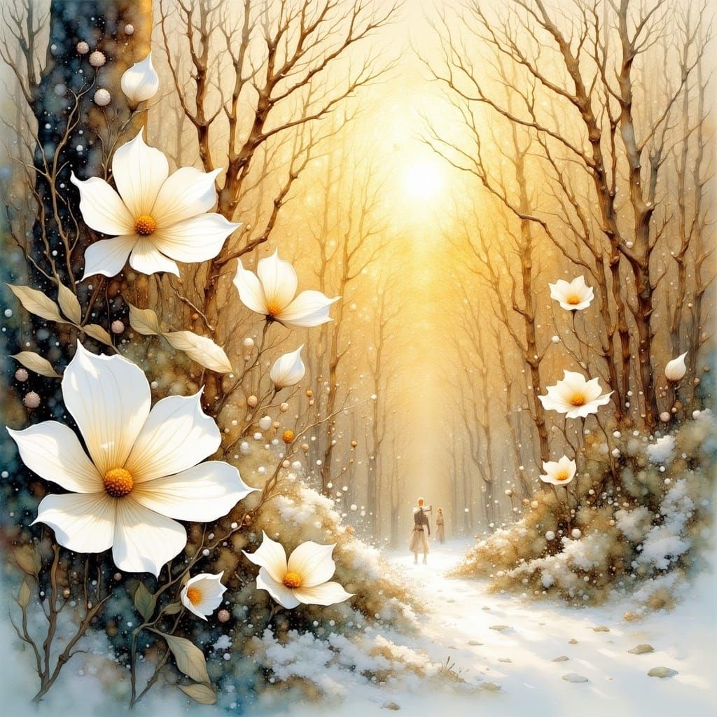 Winter Garden Sunset with Gold Accents in Klimt Style