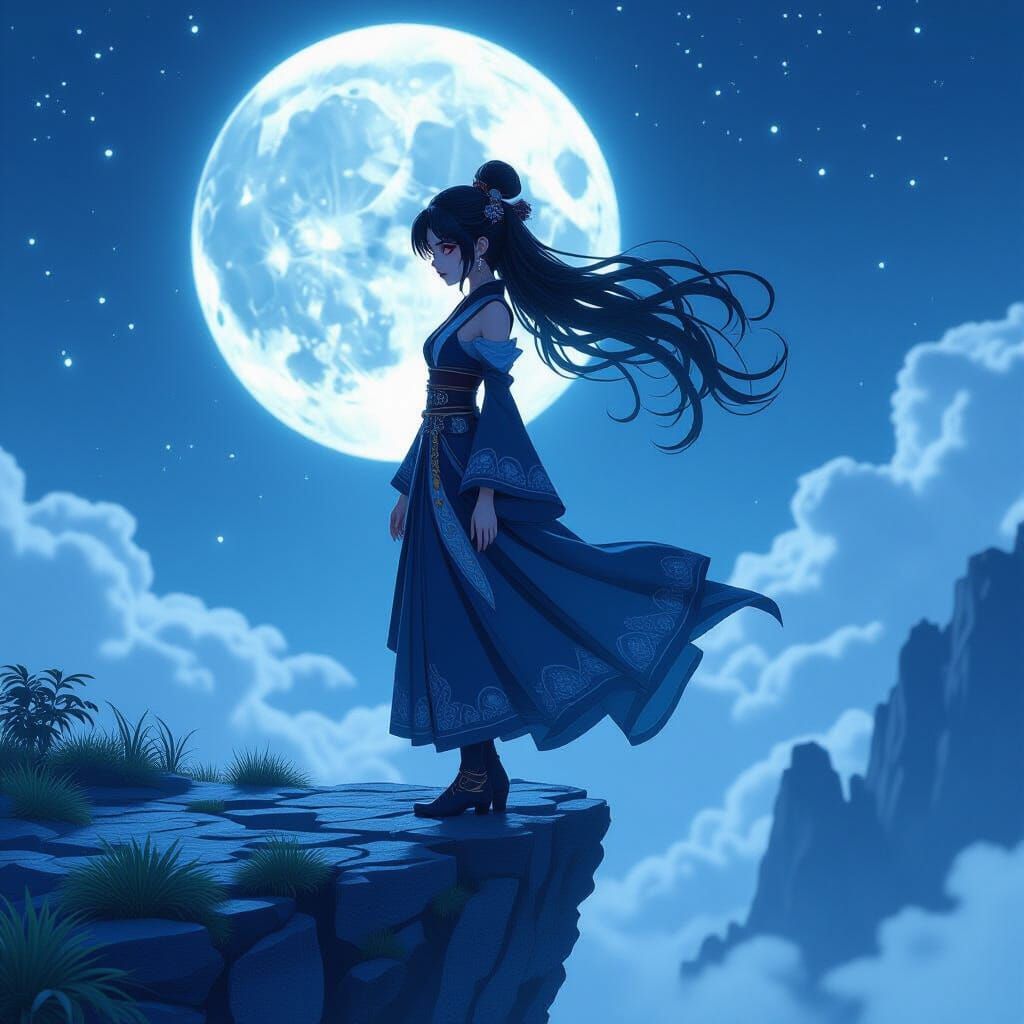 Mystical Woman on Moonlit Cliff in 3D Anime Style