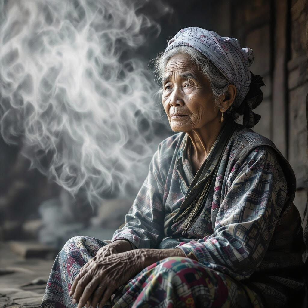 Contemplative Cambodian Woman in Dreamlike Monochrome