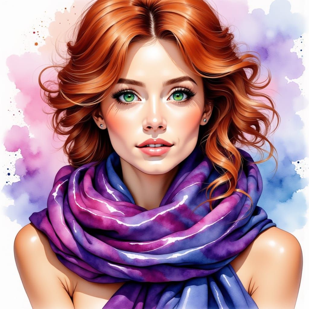 Auburn Haired Woman in Watercolor Tie-Dye Scarf