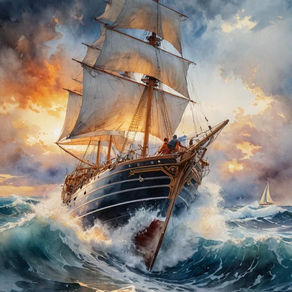 Dramatic Watercolor Sailboat in Stormy Sea