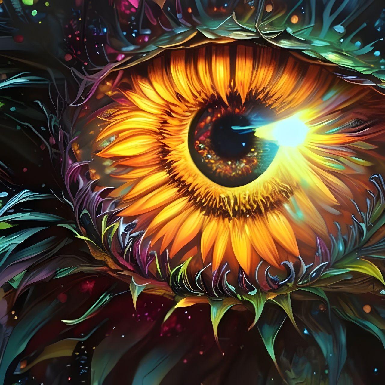 Luminescent Sunflower Eye: Digital Particle Art