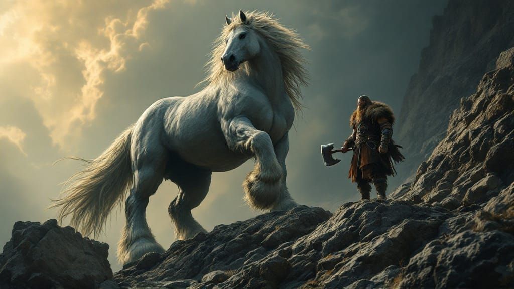 Epic Shire Horse and Viking Warrior in Dark Fantasy Landscap...