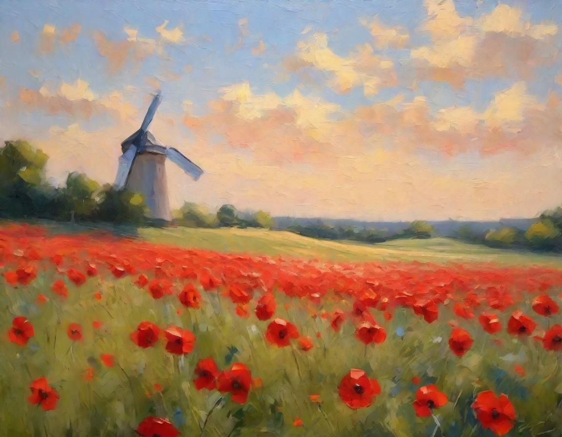 Windmill in Poppy Field: Impressionist Style