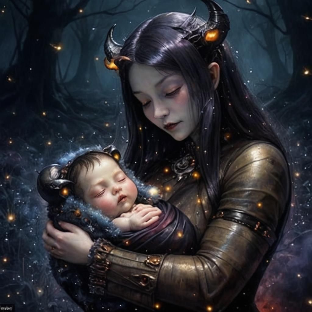 Heartwarming Demon-Mother with Baby in Surreal Fantasy Art