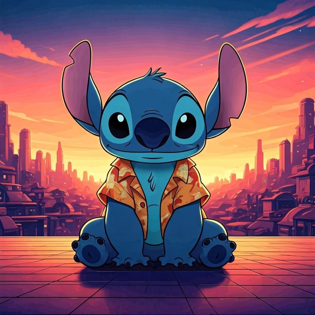 Stitch in Cyberpunk Cityscape: Anime-Style Digital Art