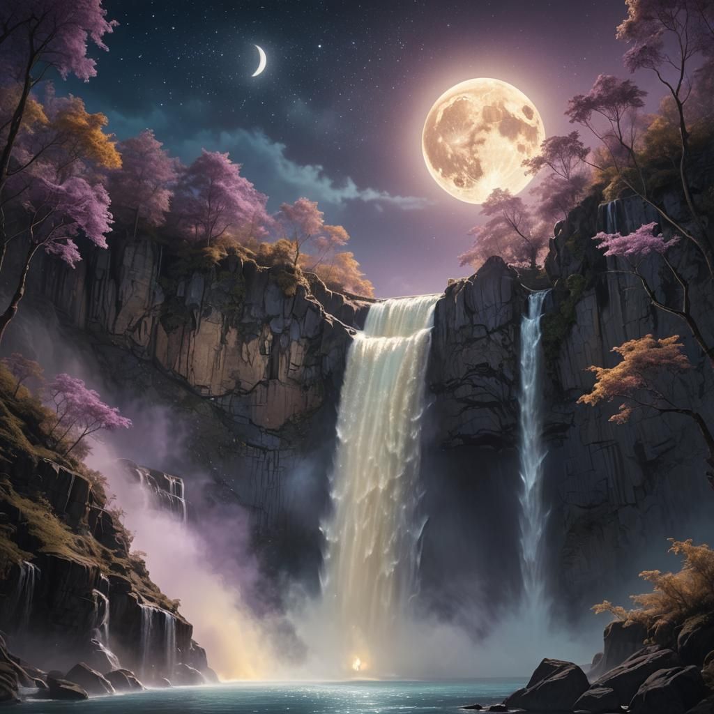 Moonlit Waterfall Dog Silhouette: Fantasy Concept Art