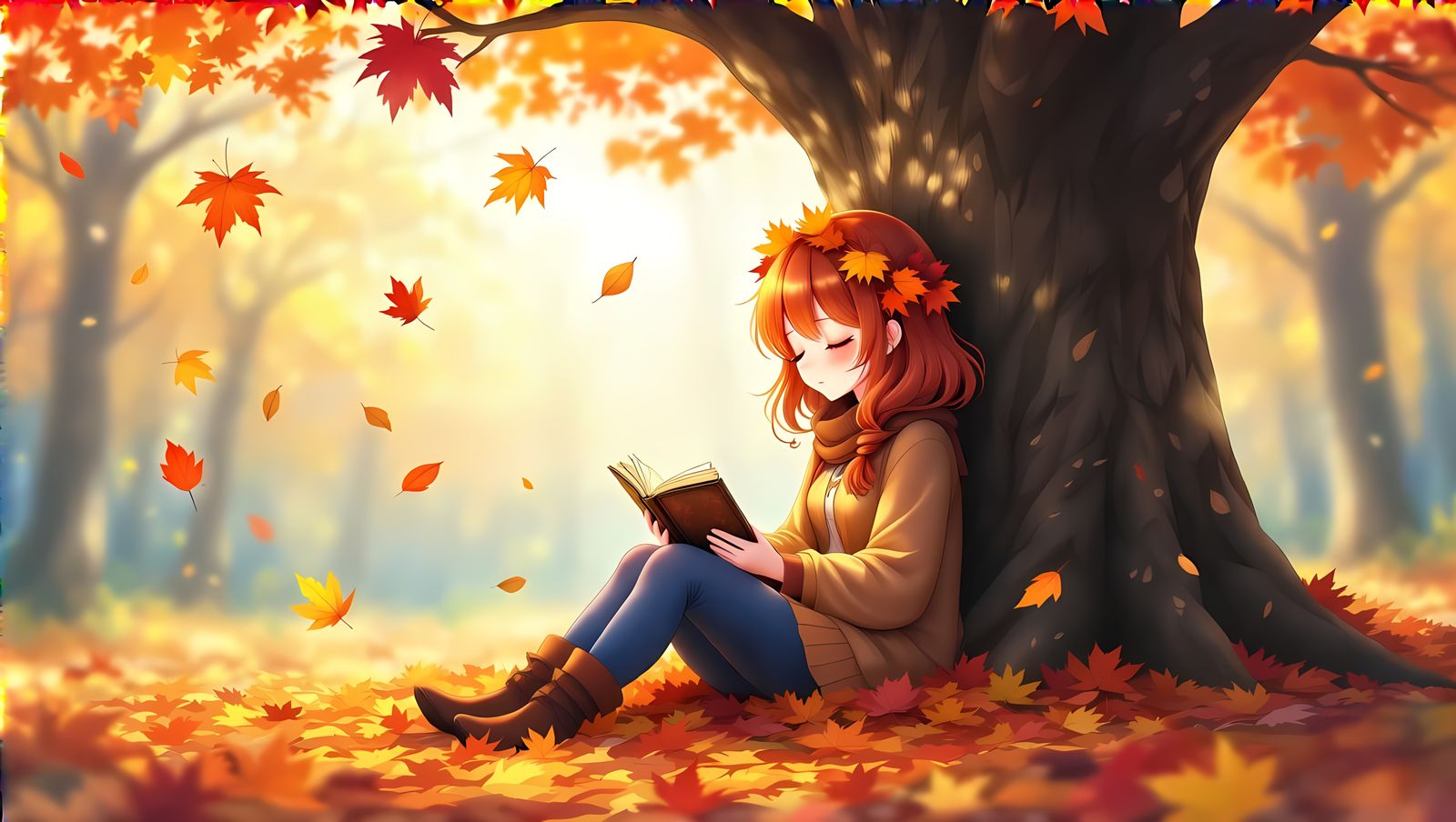 Anime Girl Surrounded by Autumn Leaves in Cozy Forest Scene