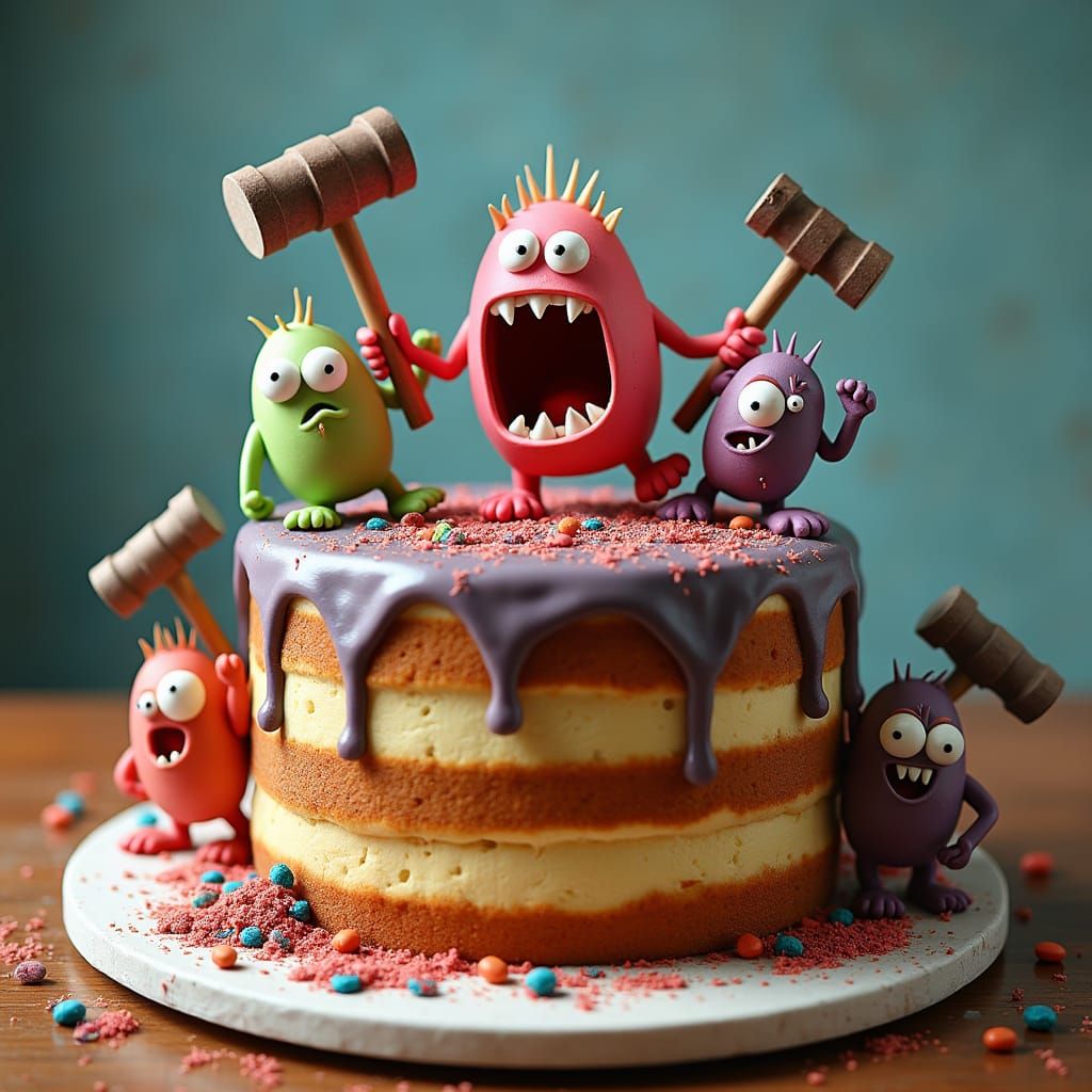 Whimsical Cake Creatures in Mid-Cartoon Style