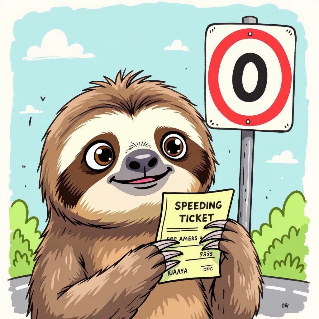 Confused Sloth Gets Speeding Ticket as Cartoon Drawing