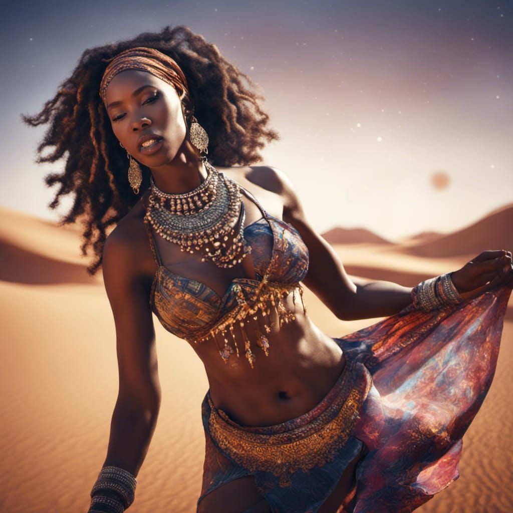 African Woman Belly Dancing in Desert: Hyperrealistic Art