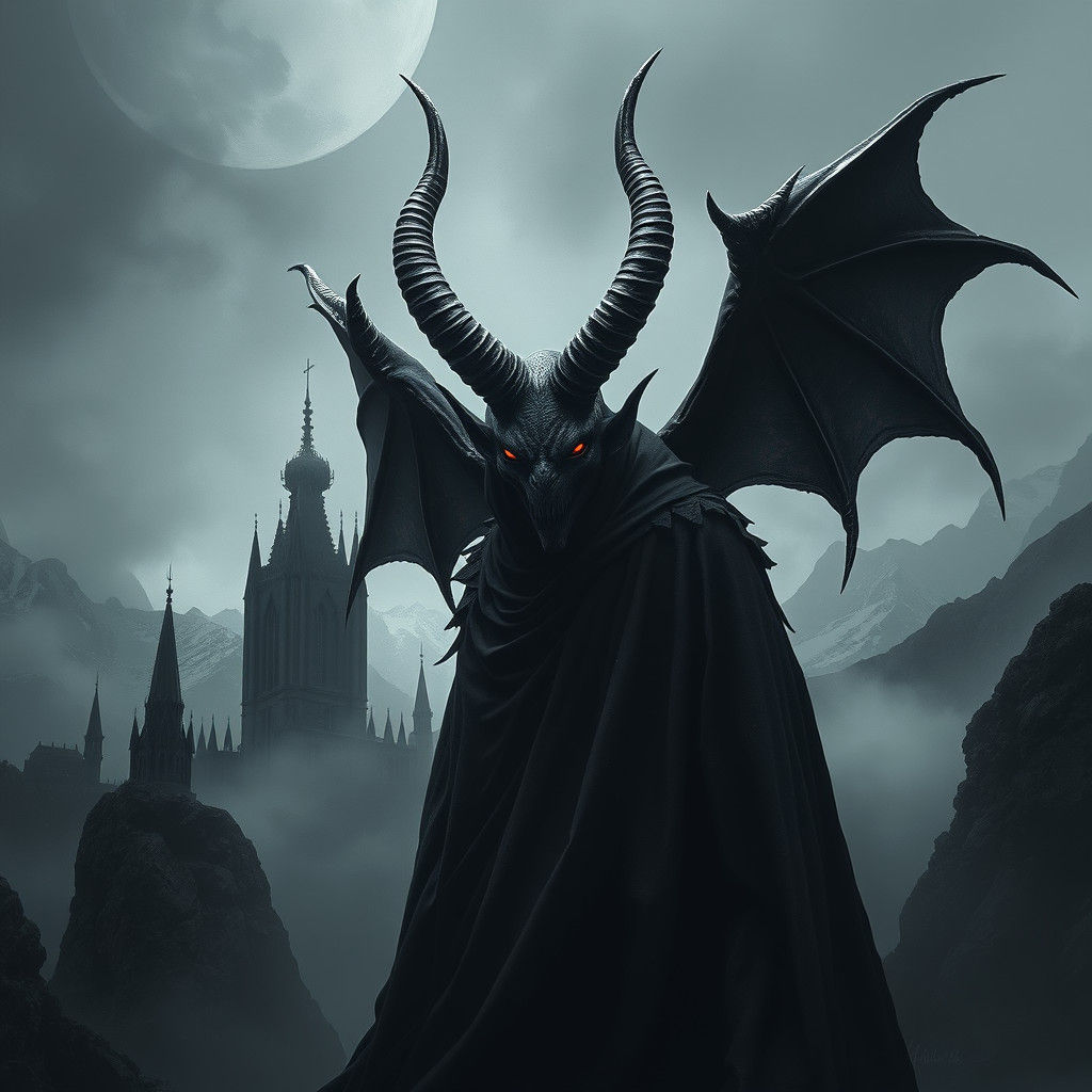 Majestic Horned Devil in Grayscale Gothic Landscape