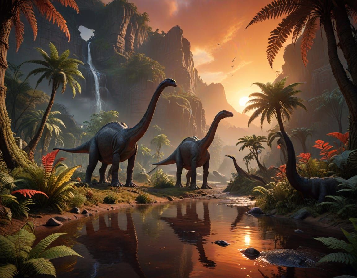 Dinosaurs Grazing in Jurassic Forest Sunset: Fantasy Concept...