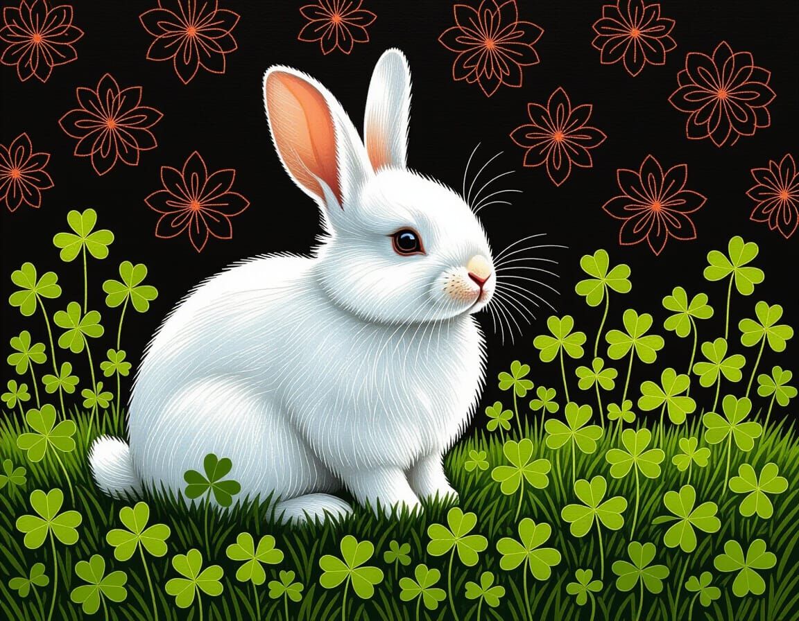 White Rabbit in Clover Field: Scratch Art Style