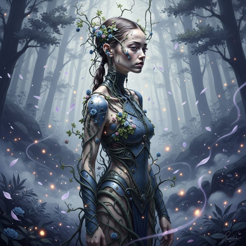 Biomechanical Dryad in Misty Forest with Lilac Petals