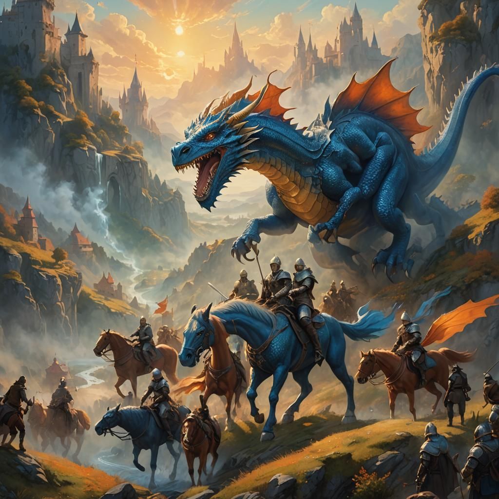 Blue Dragon Attacks Horse Riders in Medieval Landscape