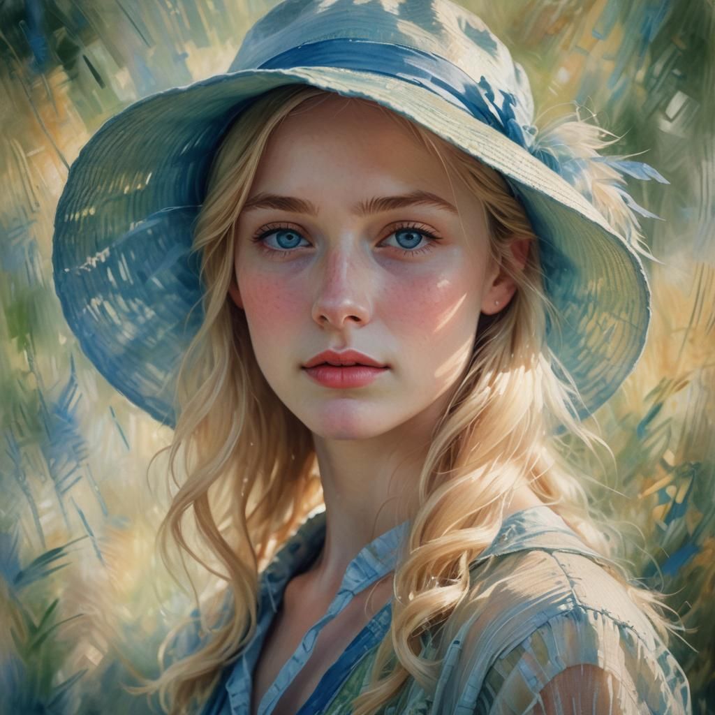 Impressionist Portrait of a Blonde Woman with Blue Eyes