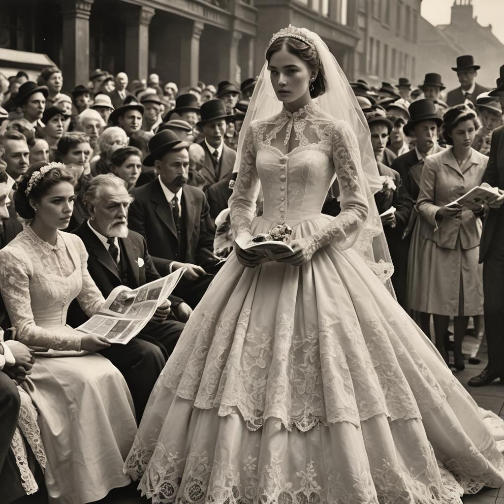 Woman Models Lace Wedding Dress on Catwalk