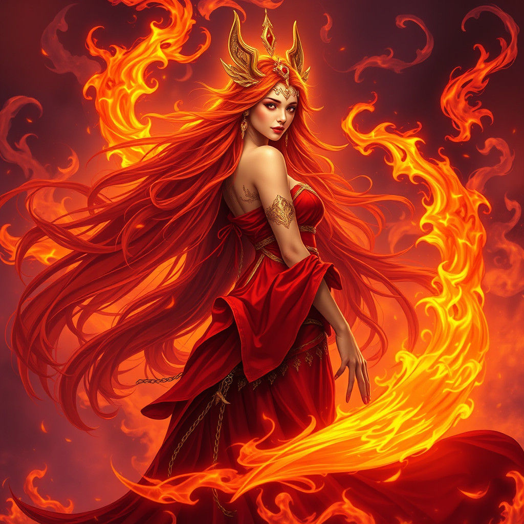 Fiery Goddess in Crimson and Gold Attire
