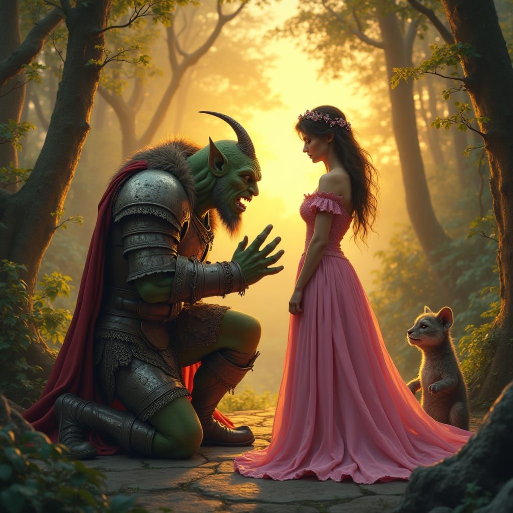 Ogre Proposes to Princess in Golden Sunset Forest