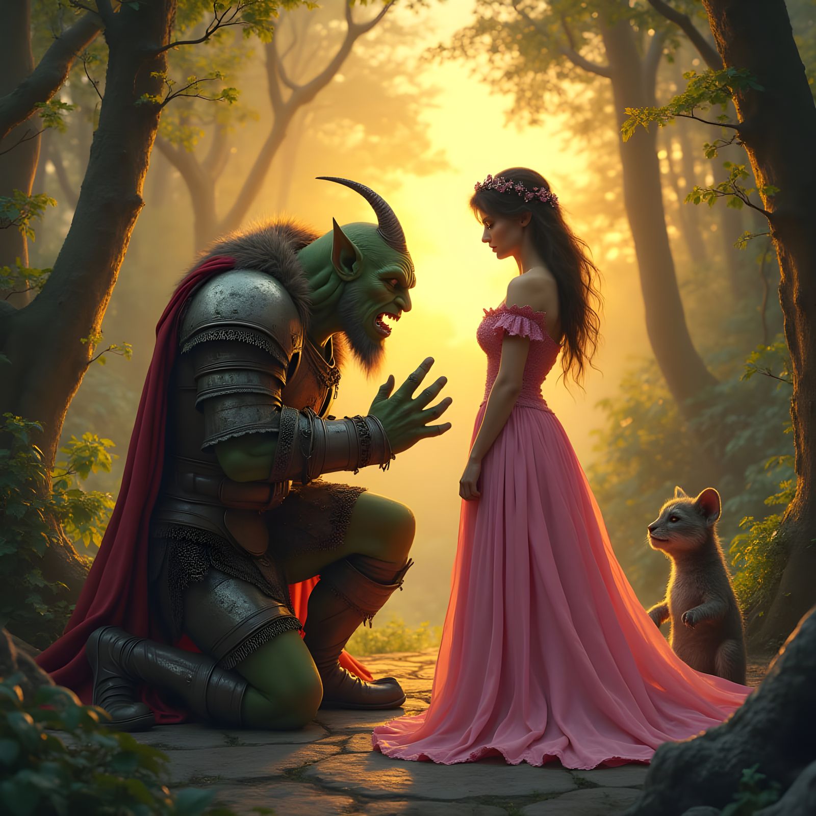 Ogre Proposes to Princess in Golden Sunset Forest