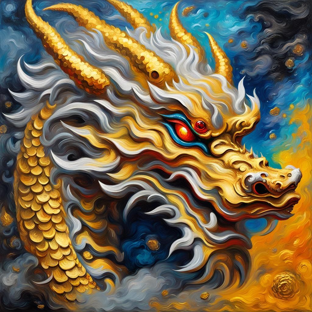 Neon Dragon Head in Neo-Impressionist Style