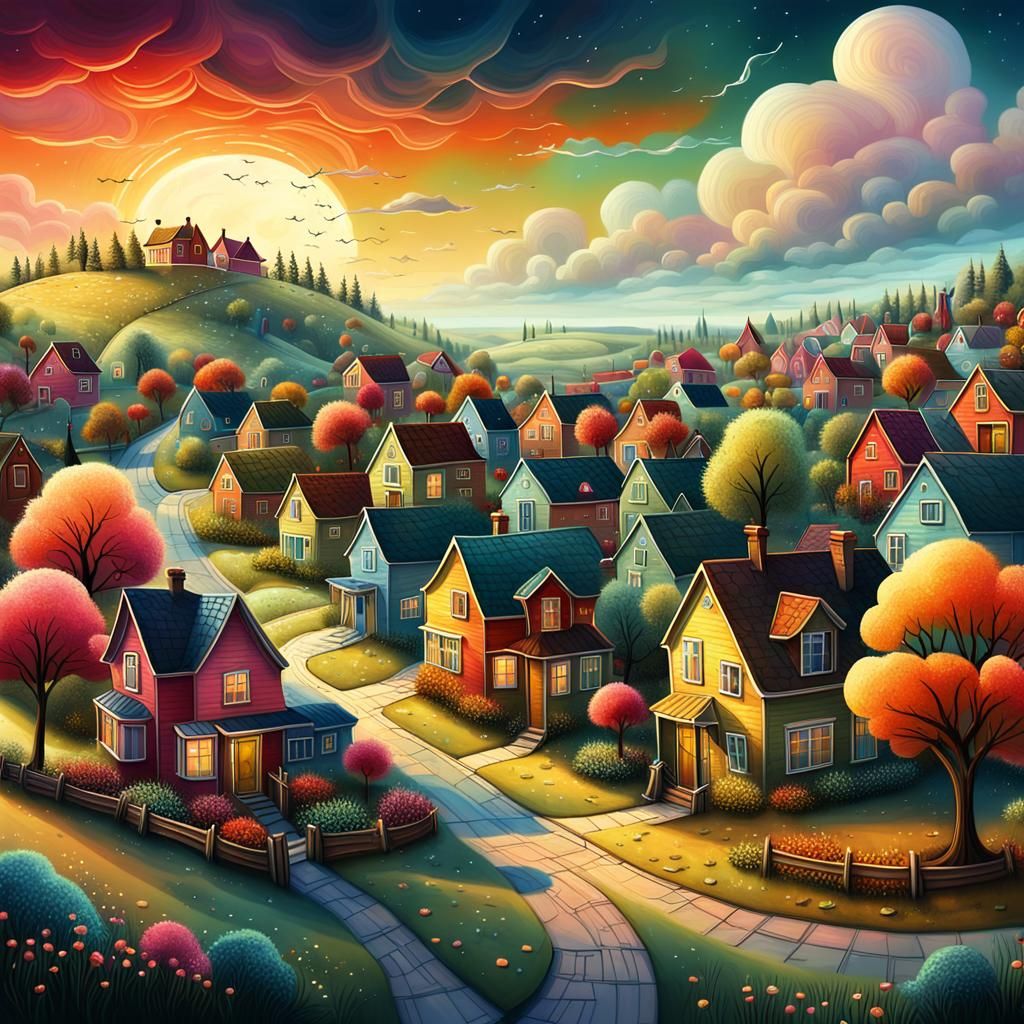 Idyllic Suburban Landscape in Folk Art Style