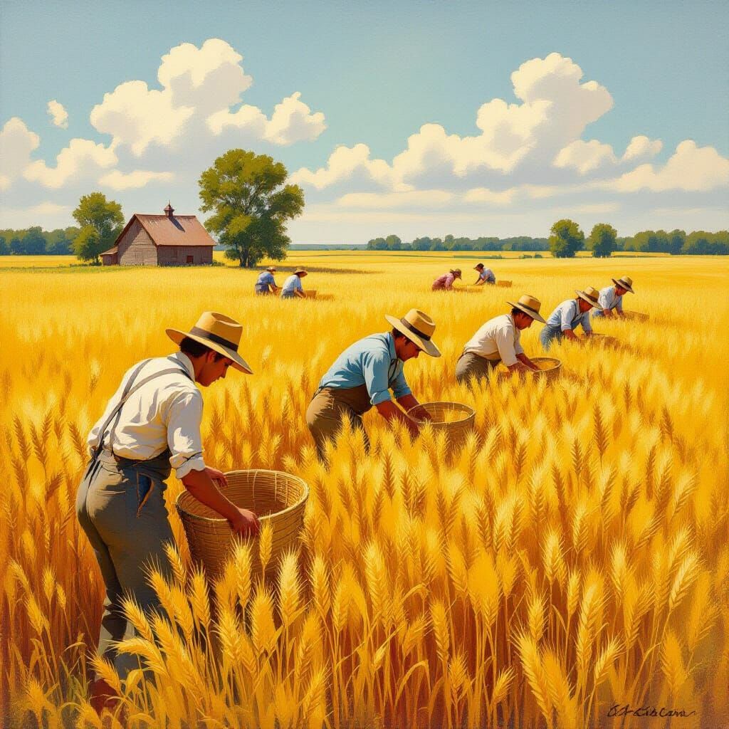 Mennonite Wheat Field Oil Painting in Golden Sunlight