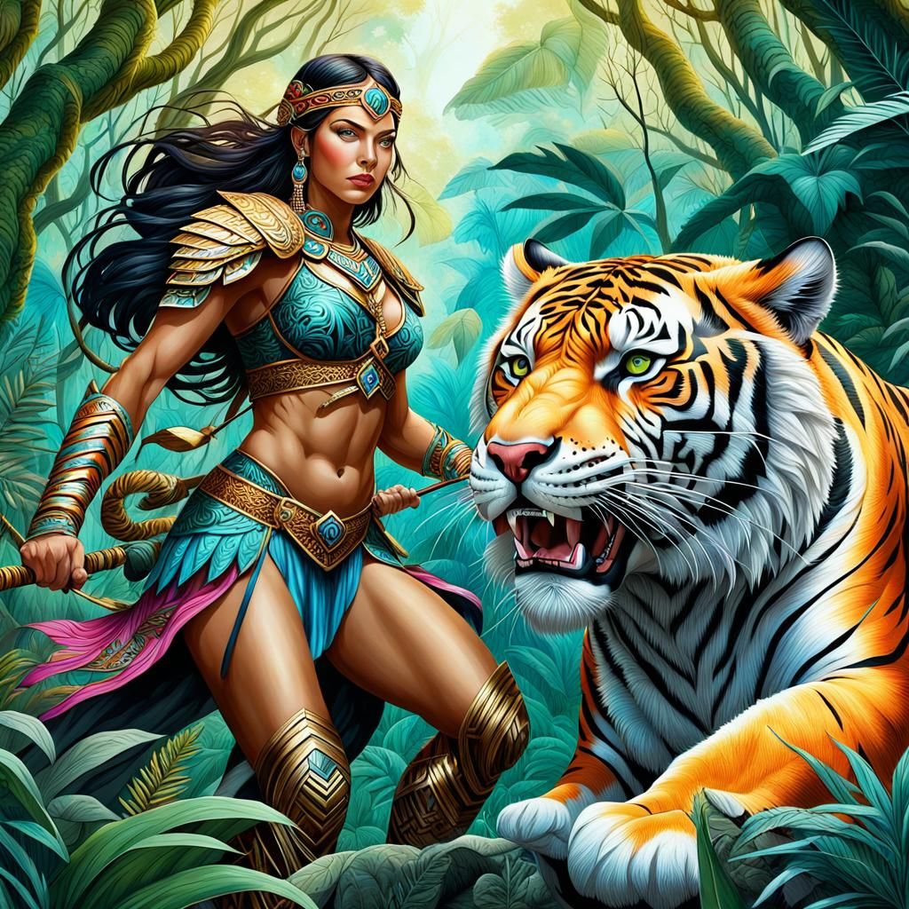 Warrior Woman and Tiger in Jungle Scene