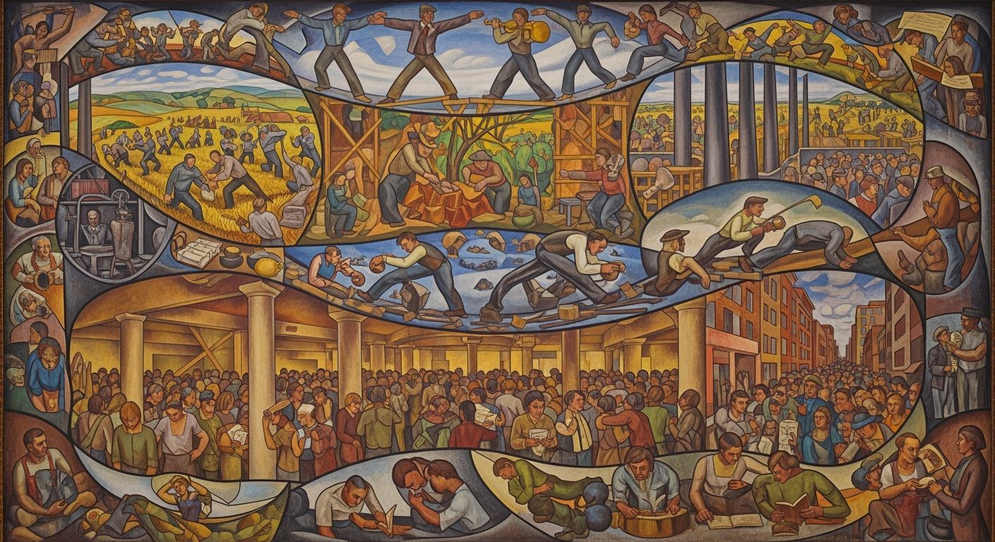 Panoramic Mural of Early 20th Century Life in Benton Style