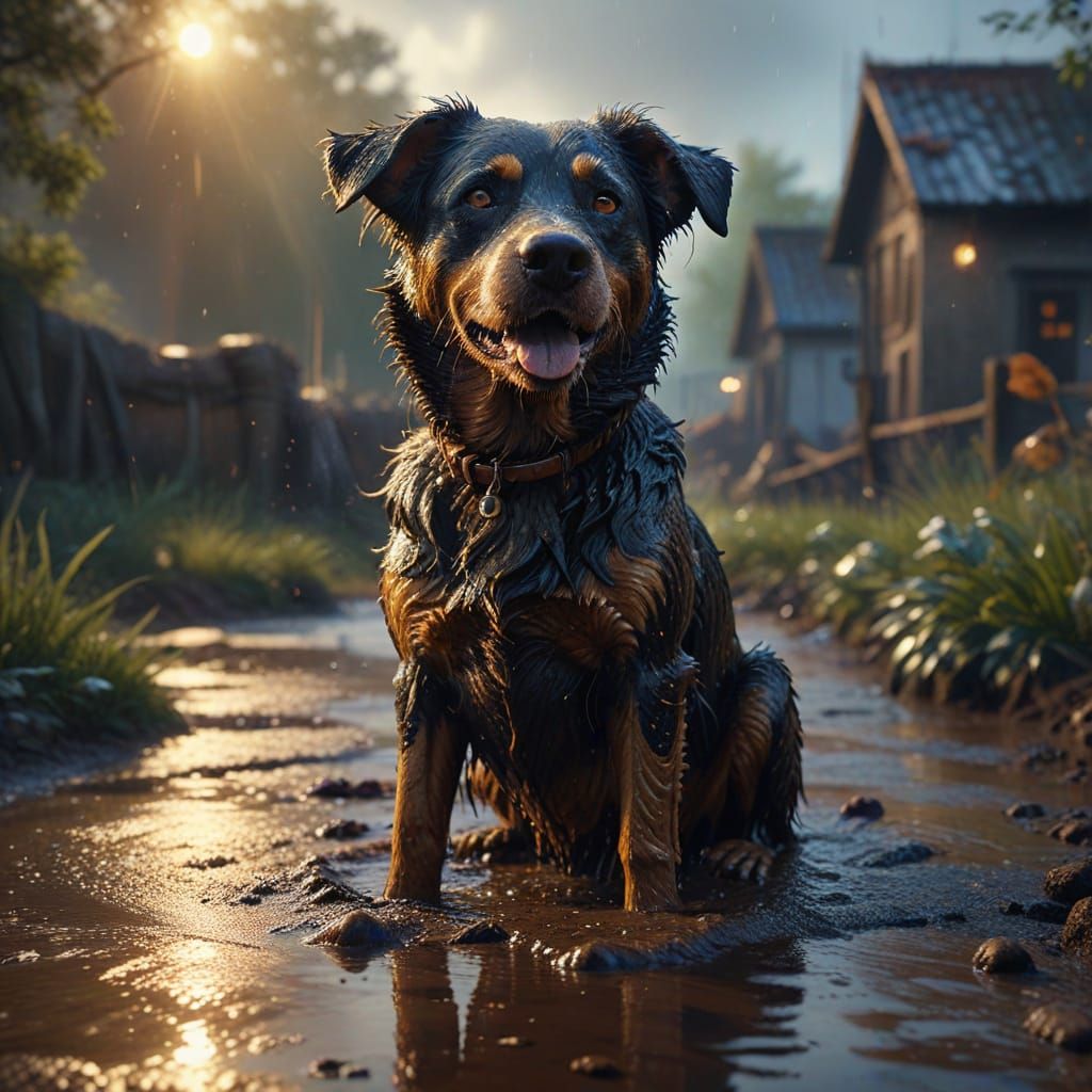 Joyful Dog Splashing in Muddy Puddle Matte Painting